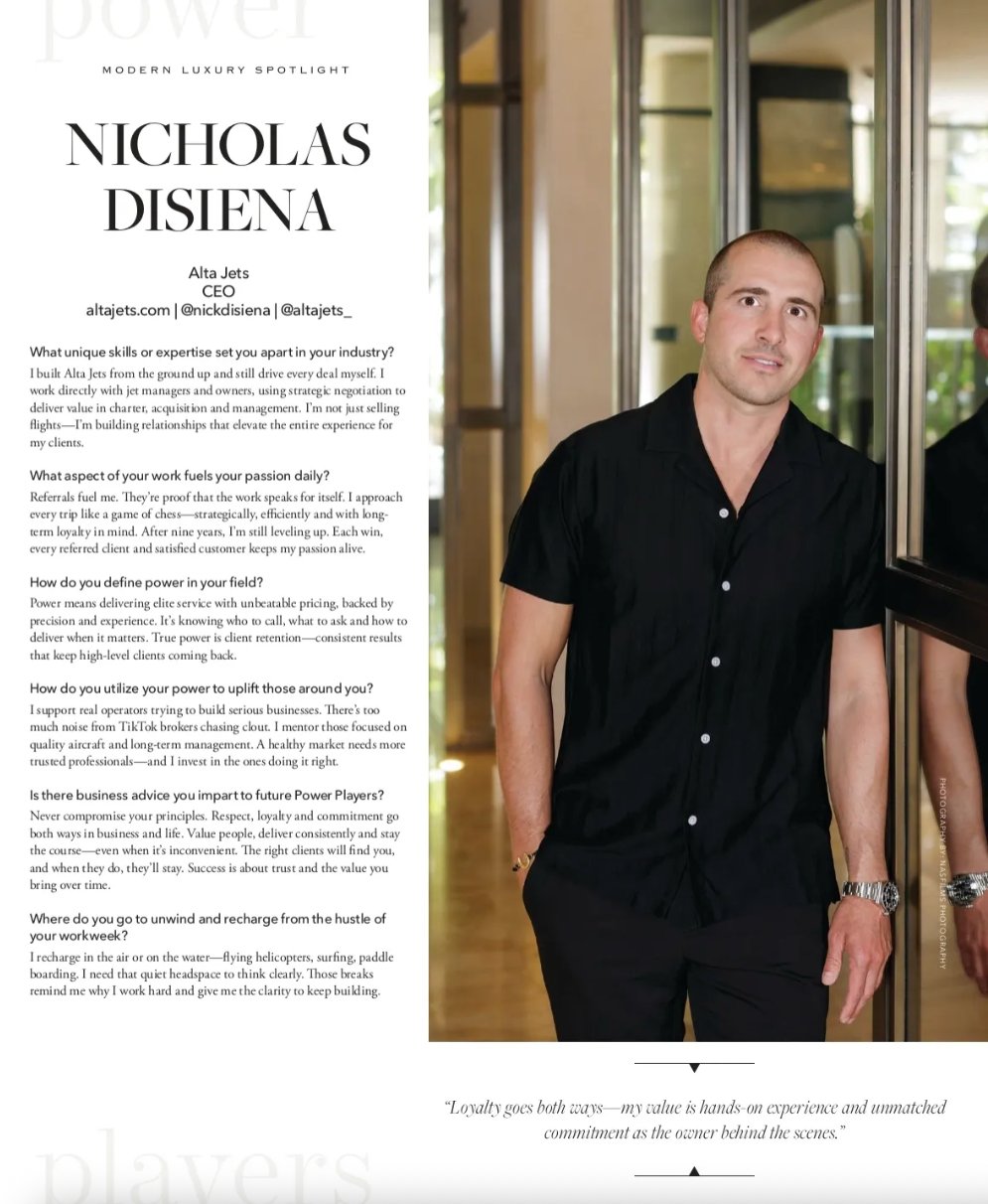 Nicholas Disiena, Alta Jets CEO — Modern Luxury Riviera Power Players feature, June 2025